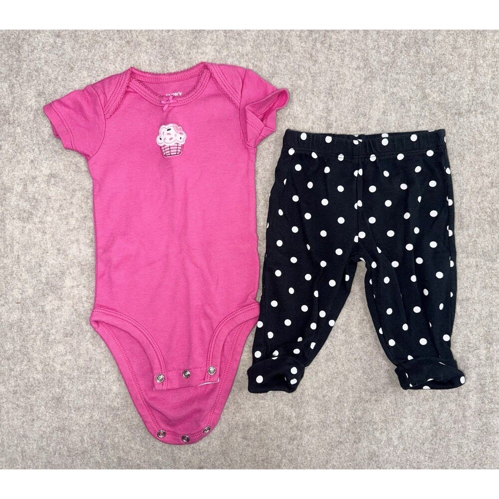 Carters Girls 3 Month 2 Piece Set Pink Bodysuit Black Polka Dot Pants Cupcake